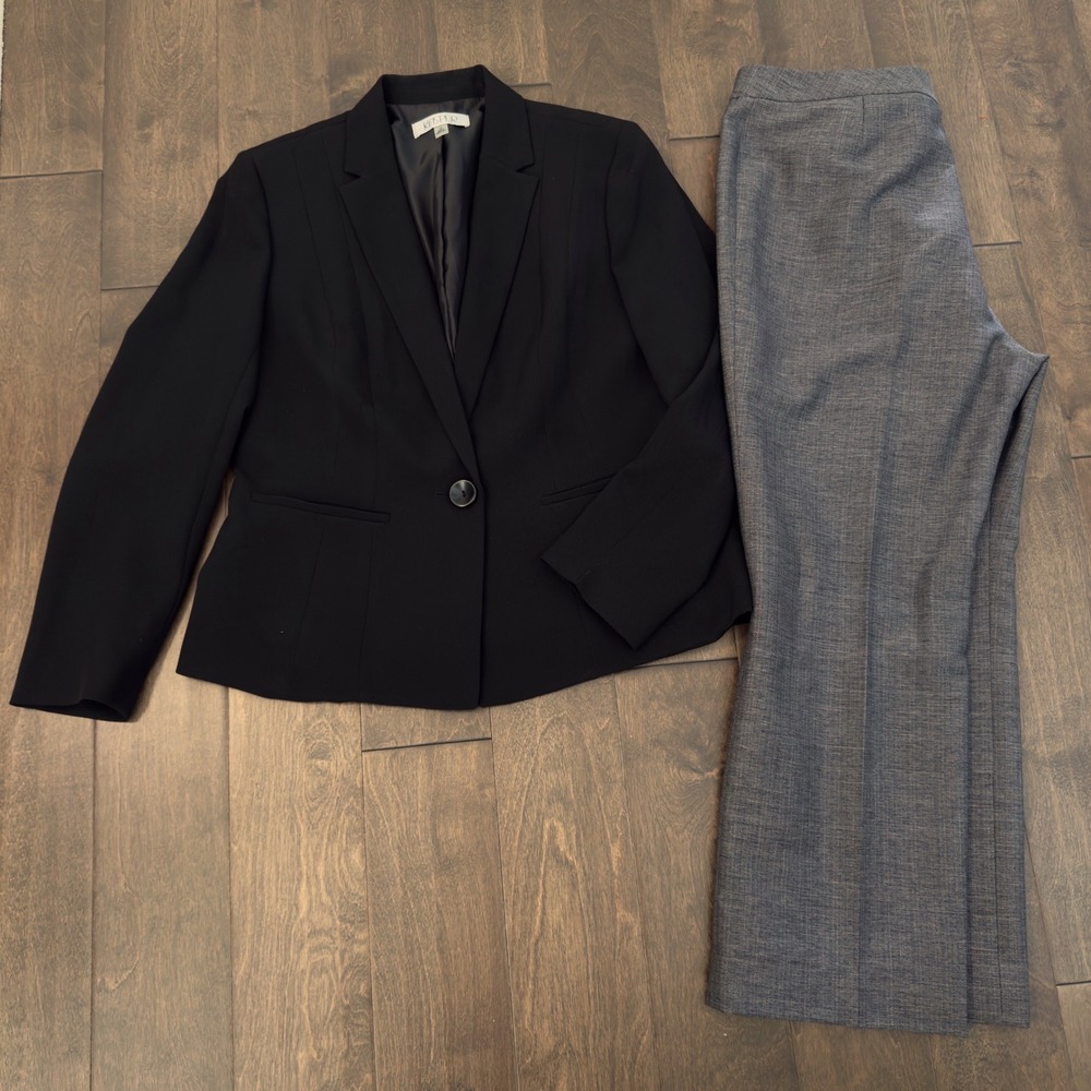 Kasper Women Black Single Button Blazer and Grey Dress Pants Suit Set Size 14